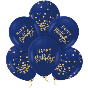 Ballonger Marinblå & Guld "Happy Birthday" 6-pack 1